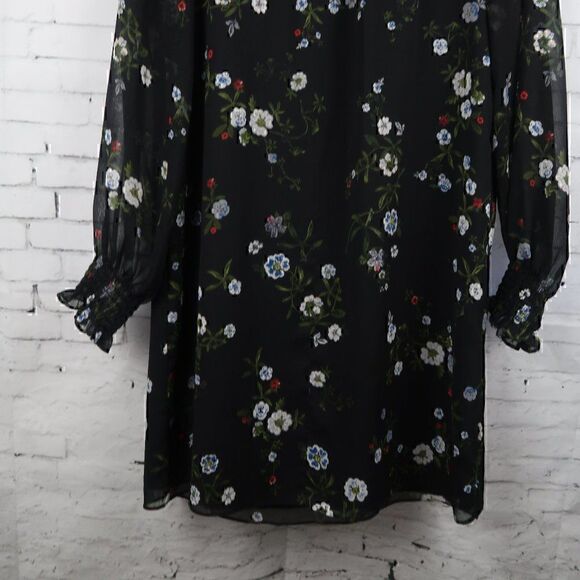 H&M BLACK FLORAL LONG SLEEVE MOCK NECK MIDI SHIFT DRESS SIZE 4 - Picture 5 of 9